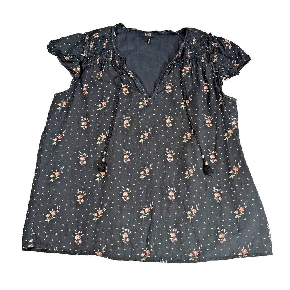Paige Short sleeve Popover Floral Blouse Black Cotton Blend Women's Large